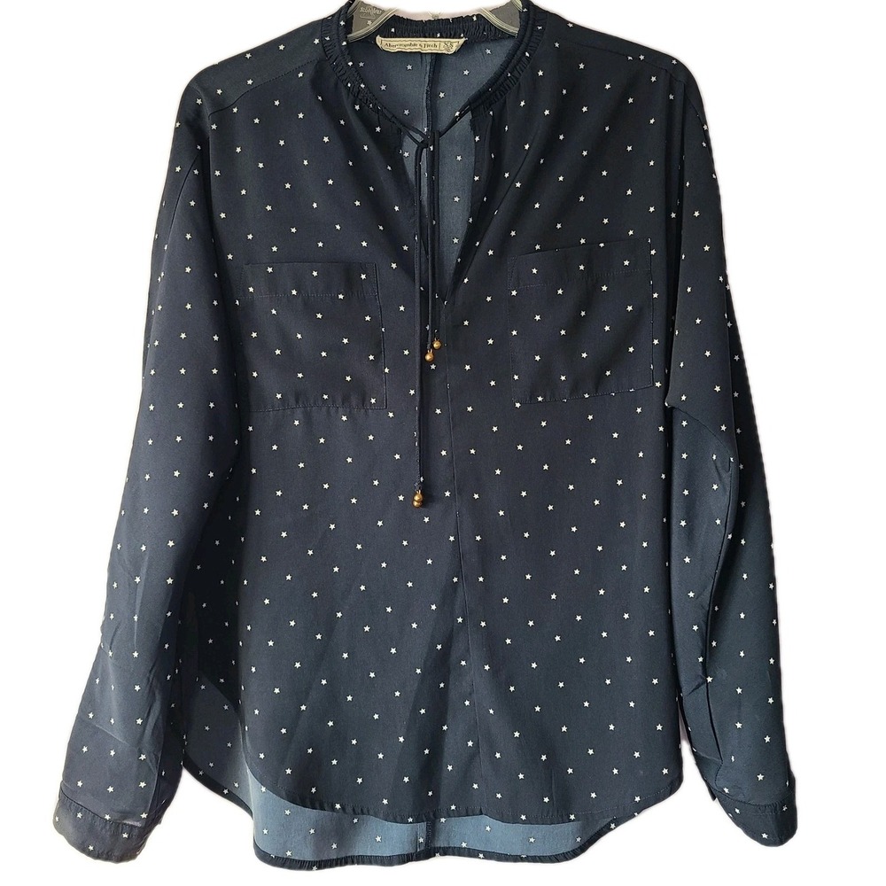 Abercrombie & Fitch Women's Navy‎ Star Print Tie Neck Peasant Top Sz XS